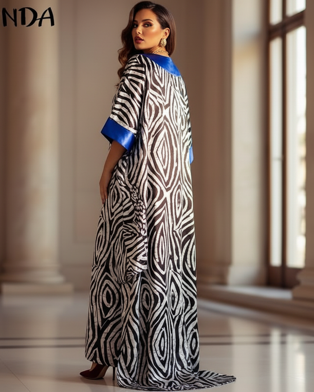 Satin Kleid - Satin Maxikleid V-Ausschnitt Blau - Zebraprint - Ansicht 2