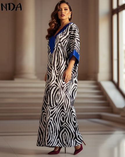 Satin Kleid - Satin Maxikleid V-Ausschnitt Blau - Zebraprint - Ansicht 3