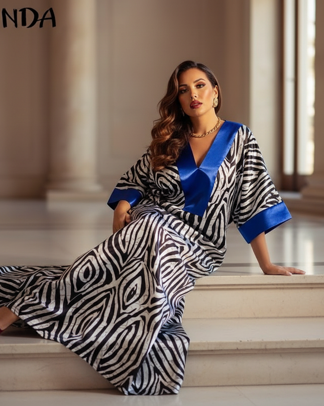 Satin Kleid - Satin Maxikleid V-Ausschnitt Blau - Zebraprint - Ansicht 5