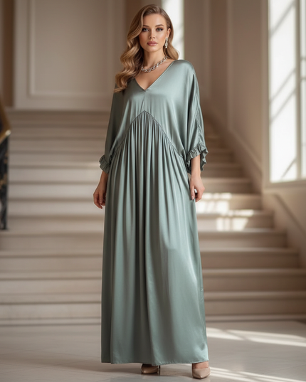 Satin Kleid - Satin Maxikleid V-Ausschnitt Gruen - Locker & Lang - Ansicht 1