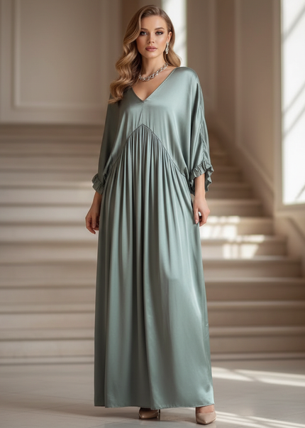 Satin Kleid - Satin Maxikleid V-Ausschnitt Gruen - Locker & Lang - Ansicht 1