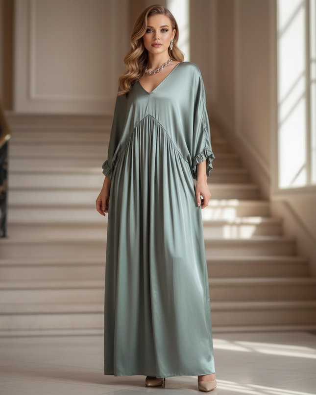 Satin Kleid - Satin Maxikleid V-Ausschnitt Gruen - Locker & Lang - Ansicht 1