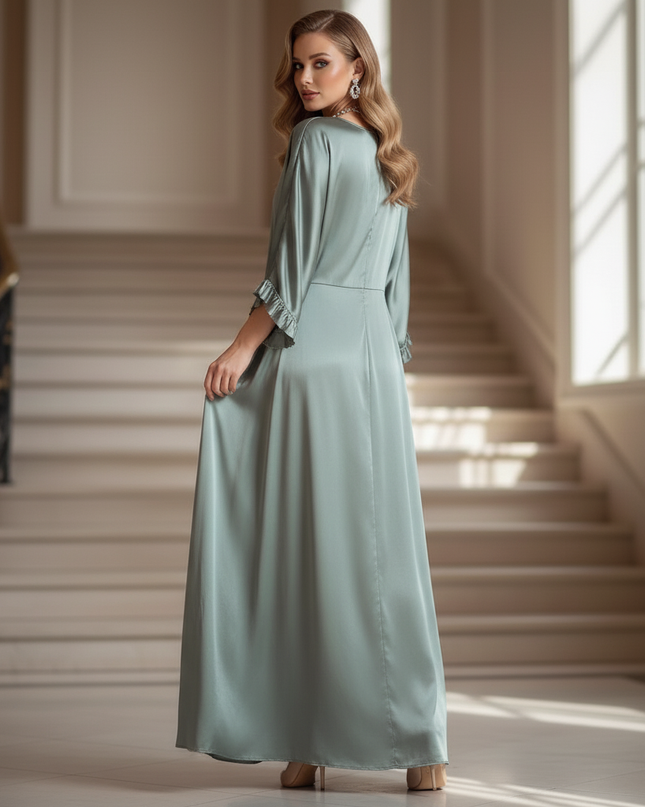 Satin Kleid - Satin Maxikleid V-Ausschnitt Gruen - Locker & Lang - Ansicht 2