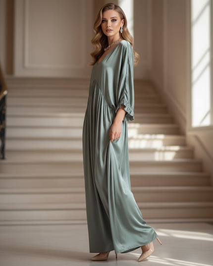 Satin Kleid - Satin Maxikleid V-Ausschnitt Gruen - Locker & Lang - Ansicht 3
