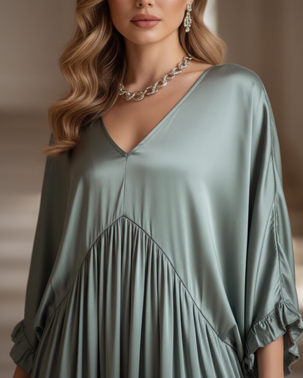 Satin Kleid - Satin Maxikleid V-Ausschnitt Gruen - Locker & Lang - Ansicht 4