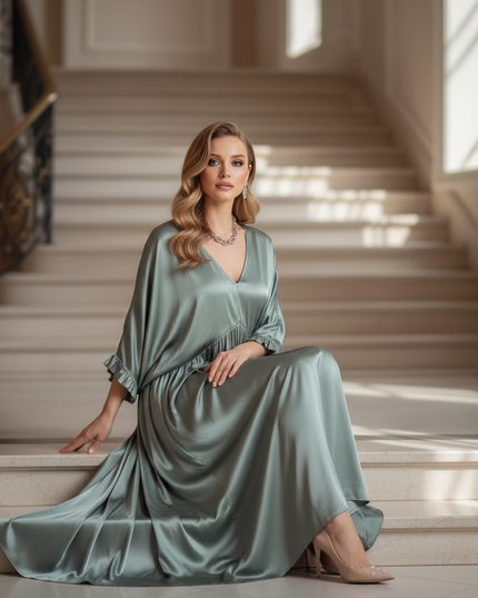 Satin Kleid - Satin Maxikleid V-Ausschnitt Gruen - Locker & Lang - Ansicht 5