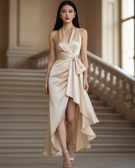 Satin Kleid - Satin Maxikleid V-Ausschnitt Weiss - Halter Maxi - Ansicht 1