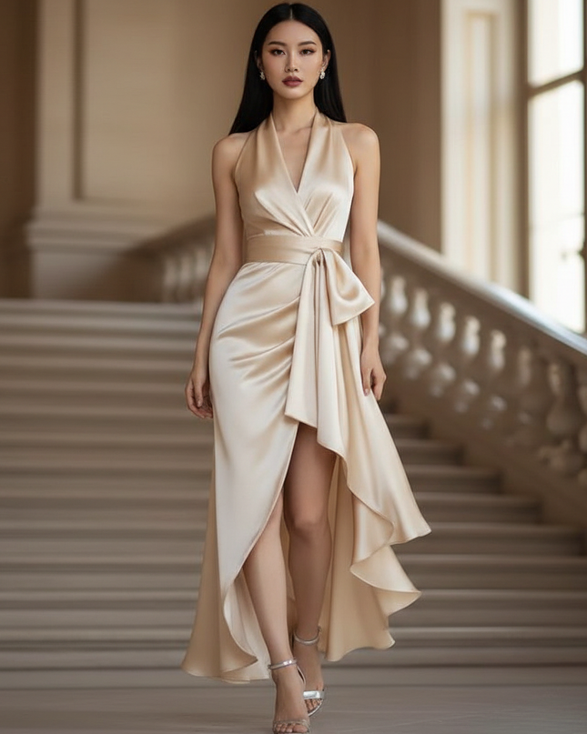 Satin Kleid - Satin Maxikleid V-Ausschnitt Weiss - Halter Maxi - Ansicht 1