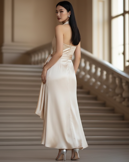Satin Kleid - Satin Maxikleid V-Ausschnitt Weiss - Halter Maxi - Ansicht 2