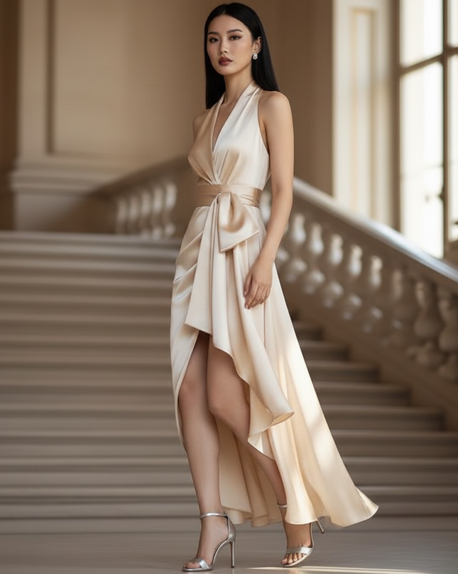 Satin Kleid - Satin Maxikleid V-Ausschnitt Weiss - Halter Maxi - Ansicht 3