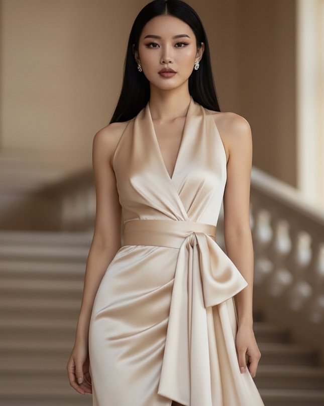 Satin Kleid - Satin Maxikleid V-Ausschnitt Weiss - Halter Maxi - Ansicht 4
