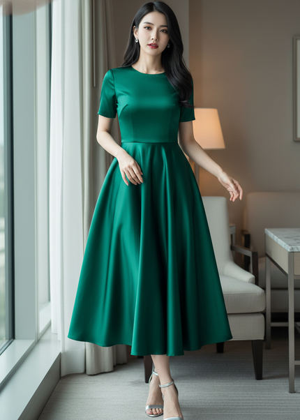 Satin Kleid Green - Satin Midikleid A-Linie Gruen - festlich & feminin - Ansicht 1