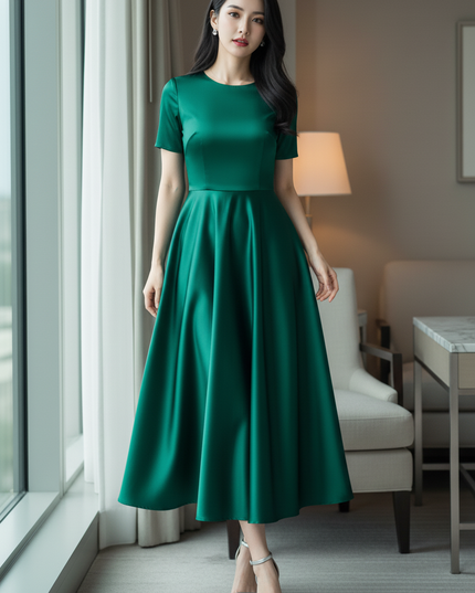 Satin Kleid Green - Satin Midikleid A-Linie Gruen - festlich & feminin - Ansicht 3