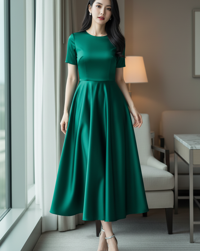 Satin Kleid Green - Satin Midikleid A-Linie Gruen - festlich & feminin - Ansicht 3