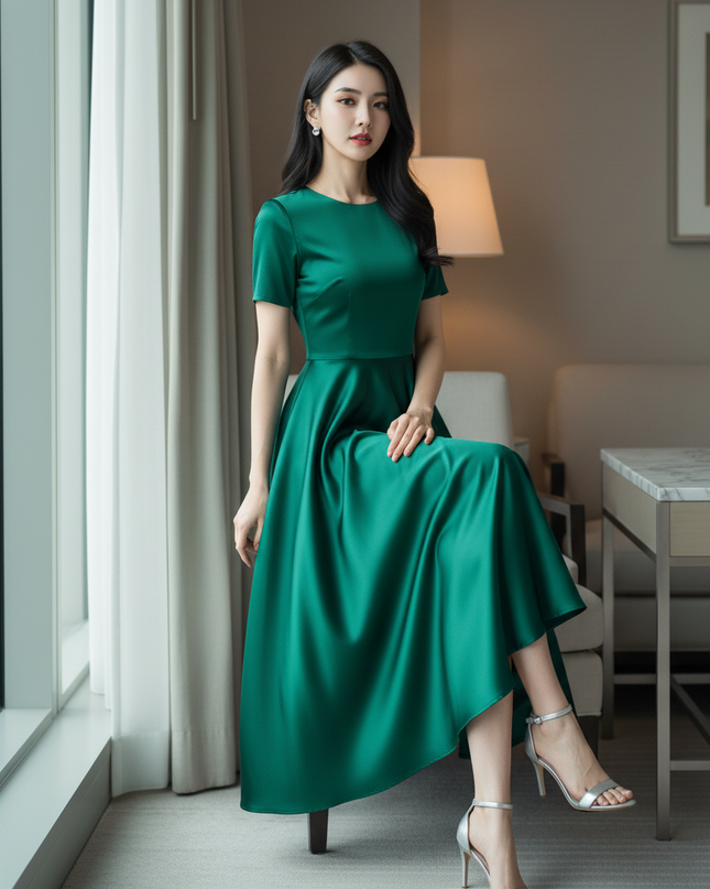 Satin Kleid Green - Satin Midikleid A-Linie Gruen - festlich & feminin - Ansicht 5