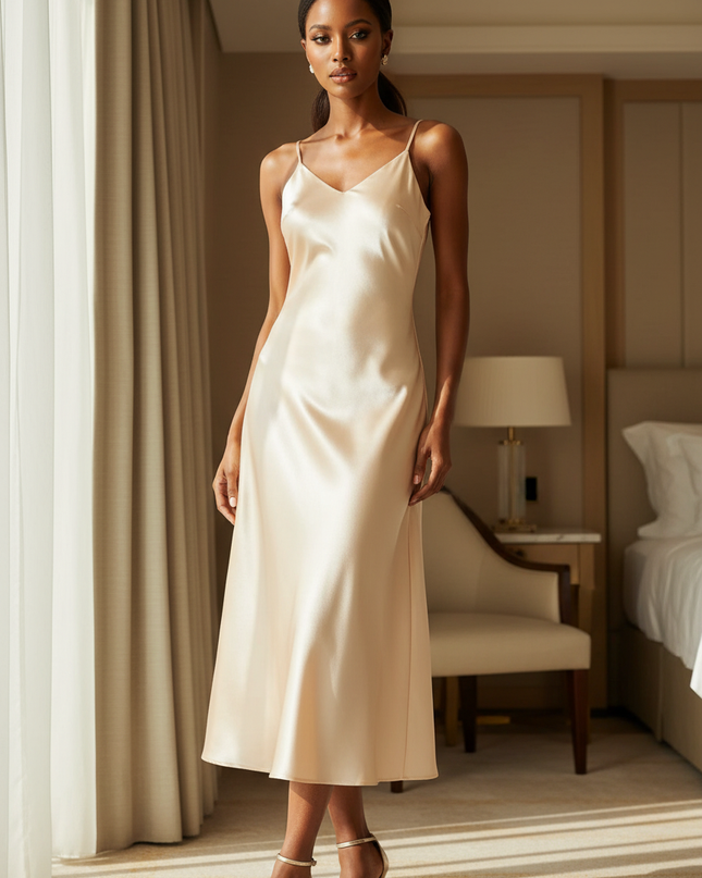 Satin Kleid - Satin Midikleid A-Linie - Elegantes Spitzenkleid - Ansicht 1