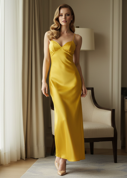 Satin Kleid Yellow - Satin Midikleid Blumenprint - Gelb Rueckenzipp - Ansicht 1