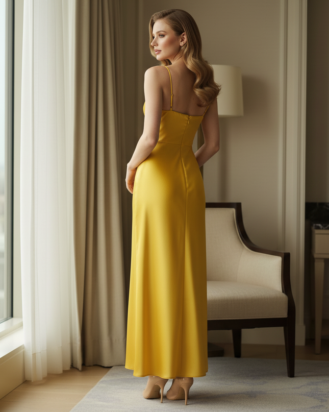 Satin Kleid Yellow - Satin Midikleid Blumenprint - Gelb Rueckenzipp - Ansicht 2