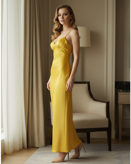 Satin Kleid Yellow - Satin Midikleid Blumenprint - Gelb Rueckenzipp - Ansicht 3