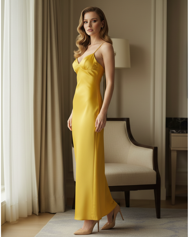 Satin Kleid Yellow - Satin Midikleid Blumenprint - Gelb Rueckenzipp - Ansicht 3