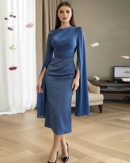Satin Kleid Blue - Satin Midikleid Bodycon Blau - Cape-Armel - Ansicht 1