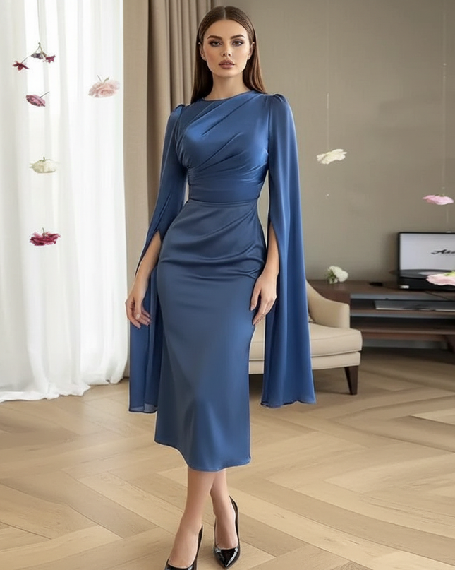 Satin Kleid Blue - Satin Midikleid Bodycon Blau - Cape-Armel - Ansicht 1