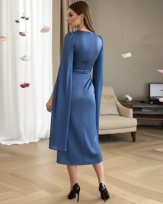 Satin Kleid Blue - Satin Midikleid Bodycon Blau - Cape-Armel - Ansicht 2