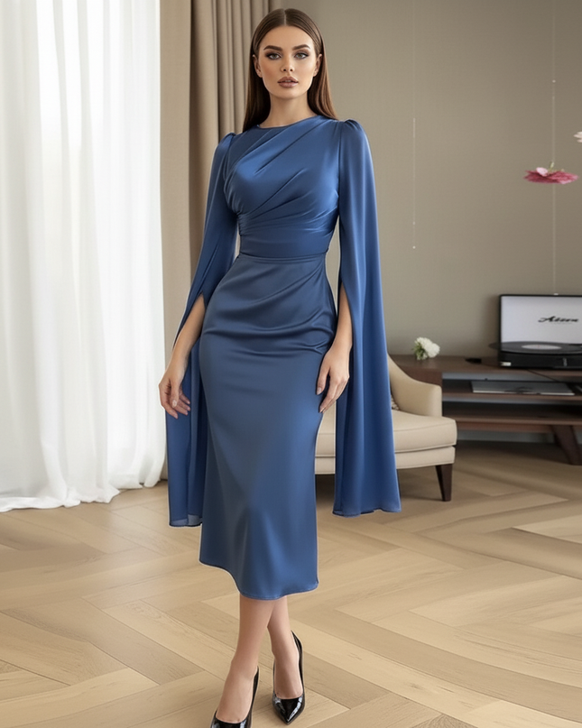 Satin Kleid Blue - Satin Midikleid Bodycon Blau - Cape-Armel - Ansicht 3