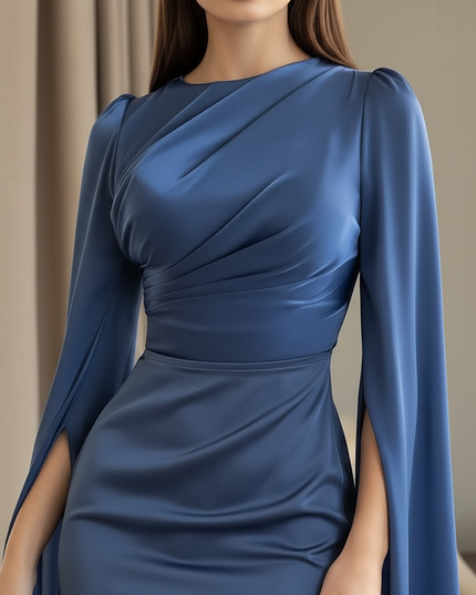 Satin Kleid Blue - Satin Midikleid Bodycon Blau - Cape-Armel - Ansicht 4