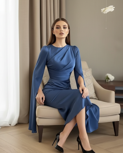 Satin Kleid Blue - Satin Midikleid Bodycon Blau - Cape-Armel - Ansicht 5