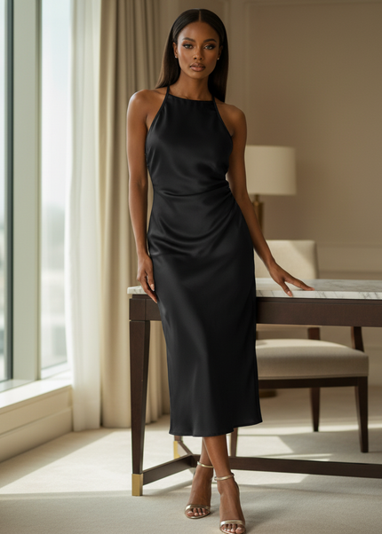 Satin Kleid Black - Satin Midikleid Bodycon Schwarz - armelloses Kleid - Ansicht 1