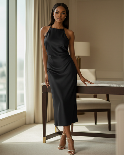 Satin Kleid Black - Satin Midikleid Bodycon Schwarz - armelloses Kleid - Ansicht 3
