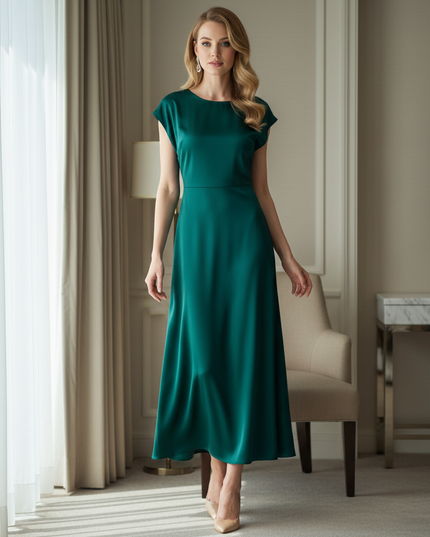 Satin Kleid Green - Satin Midikleid Bodycon - Olive Kappenaermel A-Linie - Ansicht 1