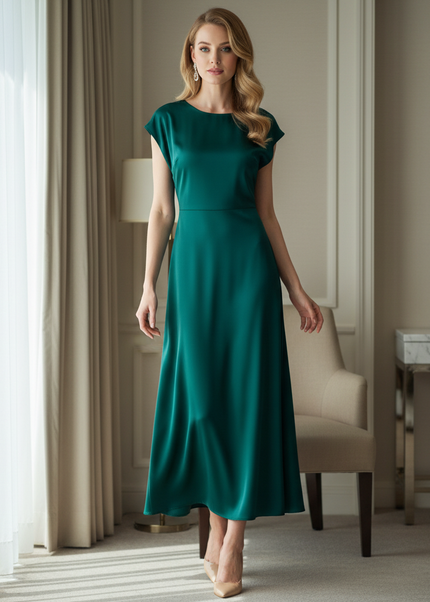 Satin Kleid Green - Satin Midikleid Bodycon - Olive Kappenaermel A-Linie - Ansicht 1