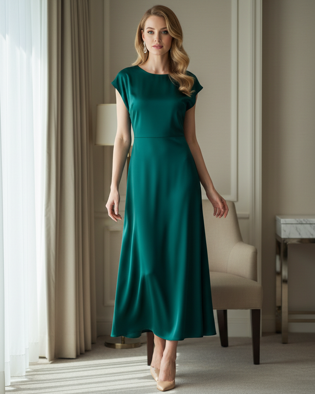 Satin Kleid Green - Satin Midikleid Bodycon - Olive Kappenaermel A-Linie - Ansicht 1