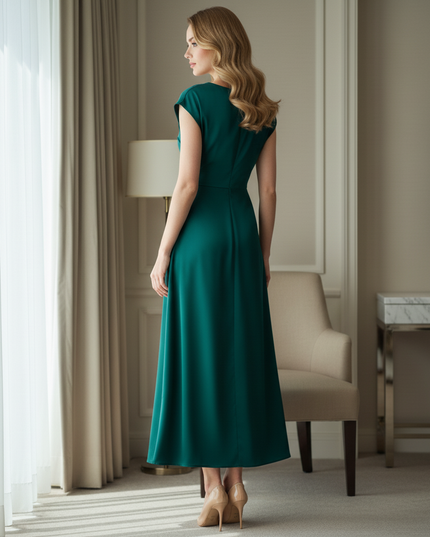 Satin Kleid Green - Satin Midikleid Bodycon - Olive Kappenaermel A-Linie - Ansicht 2