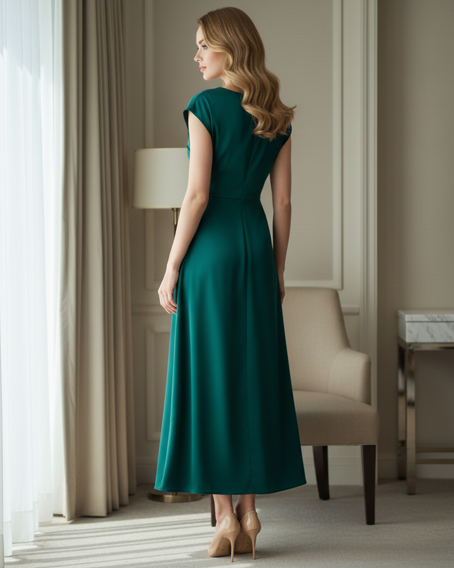 Satin Kleid Green - Satin Midikleid Bodycon - Olive Kappenaermel A-Linie - Ansicht 2