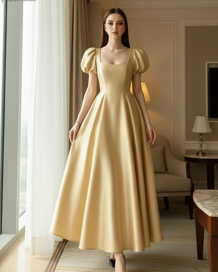 Satin Kleid Gold - Satin Midikleid Corsage Rosa - Puffarm ZANZEA - Ansicht 1