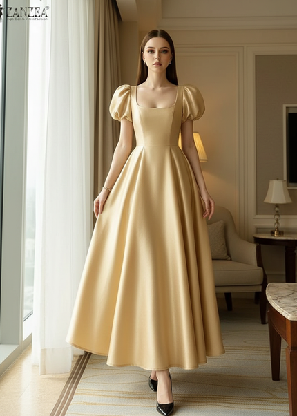 Satin Kleid Gold - Satin Midikleid Corsage Rosa - Puffarm ZANZEA - Ansicht 1