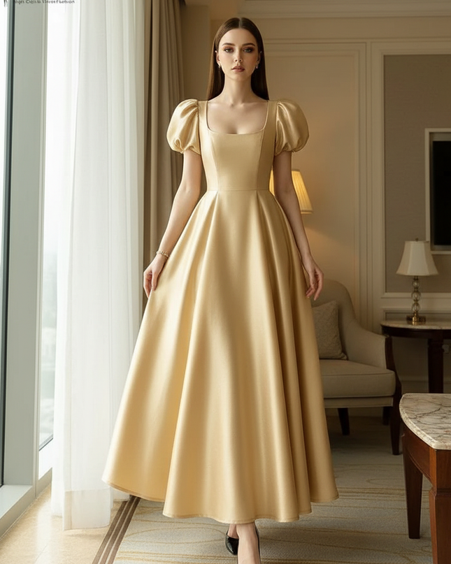 Satin Kleid Gold - Satin Midikleid Corsage Rosa - Puffarm ZANZEA - Ansicht 1
