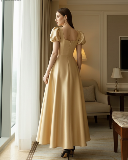 Satin Kleid Gold - Satin Midikleid Corsage Rosa - Puffarm ZANZEA - Ansicht 2