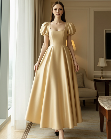 Satin Kleid Gold - Satin Midikleid Corsage Rosa - Puffarm ZANZEA - Ansicht 3