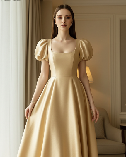 Satin Kleid Gold - Satin Midikleid Corsage Rosa - Puffarm ZANZEA - Ansicht 4