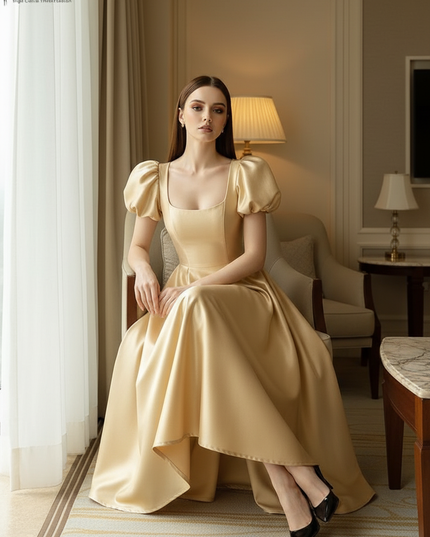 Satin Kleid Gold - Satin Midikleid Corsage Rosa - Puffarm ZANZEA - Ansicht 5