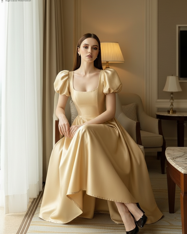 Satin Kleid Gold - Satin Midikleid Corsage Rosa - Puffarm ZANZEA - Ansicht 5