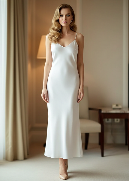 Satin Kleid White - Satin Midikleid Corsage - Weiss, Spaghettitraeger - Ansicht 1