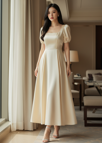 Satin Kleid Cream - Satin Midikleid Creme - A-Linie mit Puffarm - Ansicht 1