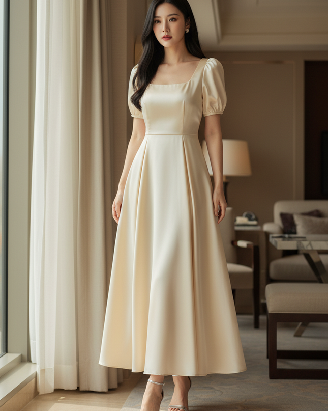 Satin Kleid Cream - Satin Midikleid Creme - A-Linie mit Puffarm - Ansicht 1