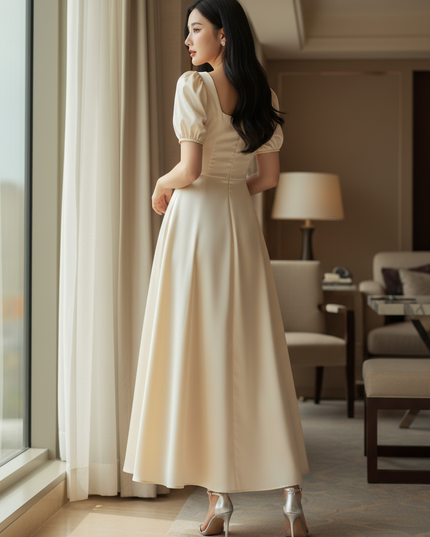 Satin Kleid Cream - Satin Midikleid Creme - A-Linie mit Puffarm - Ansicht 2