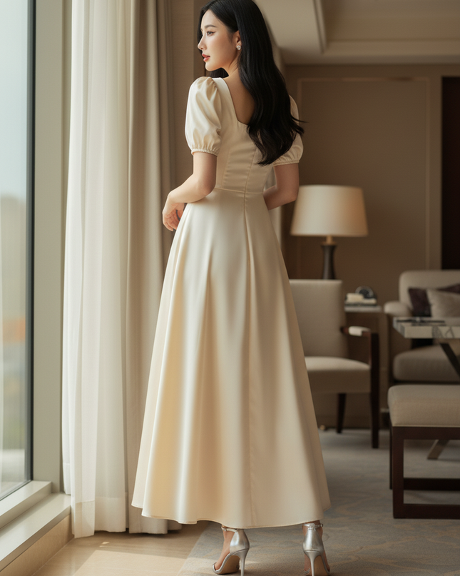 Satin Kleid Cream - Satin Midikleid Creme - A-Linie mit Puffarm - Ansicht 2